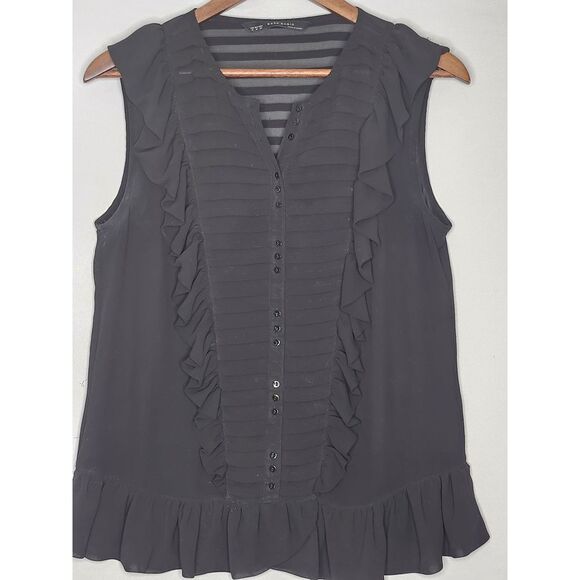 Zara Womans Sheer Sleeveless Top Med Black Tuxedo‎ Front Triple Buttons Ruffled - Picture 1 of 6